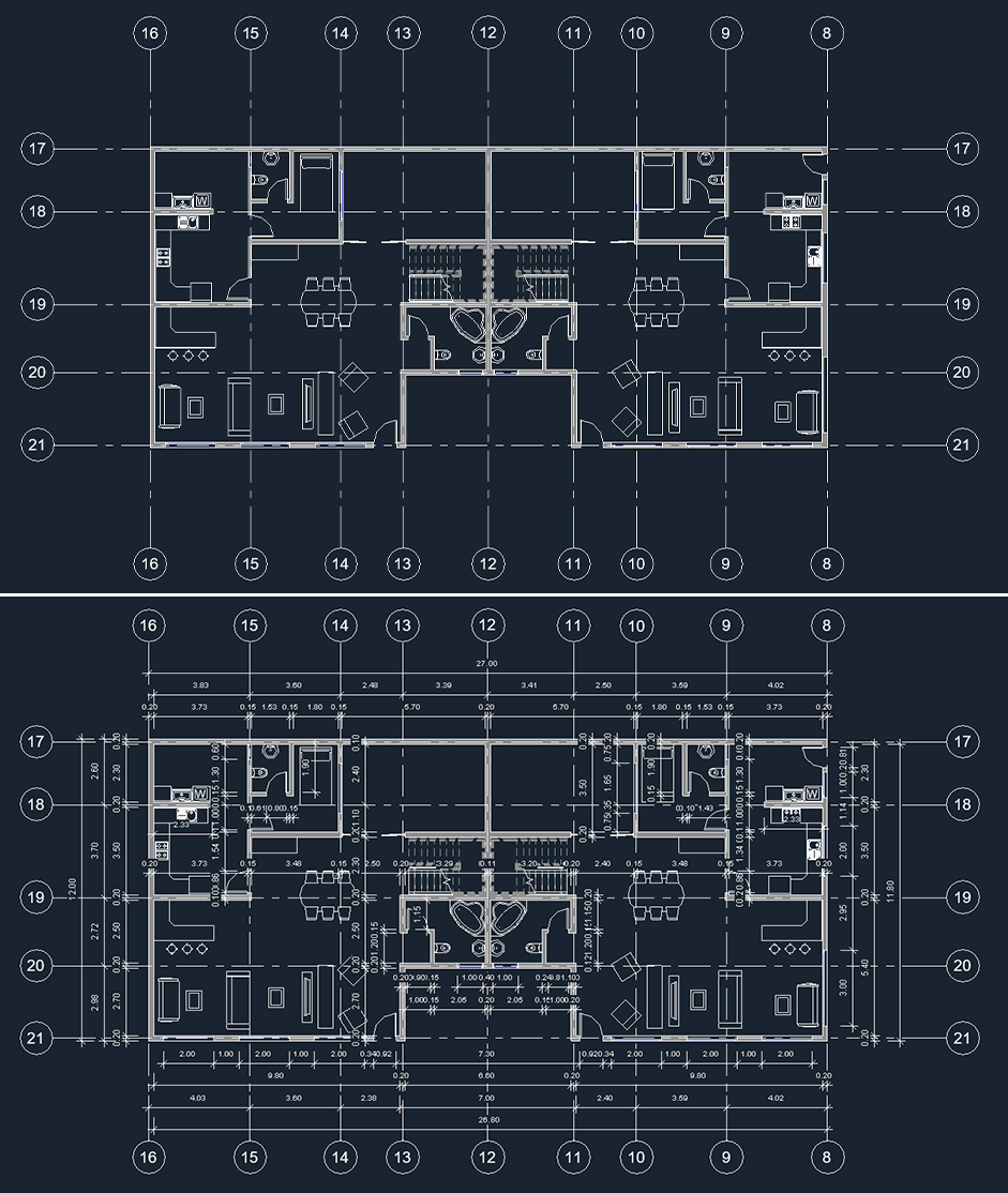 Above, the floor plan with no dimensions. Below, the same plan with the dimensions generated by the plugin: facades, internal walls, doors, windows and grids.