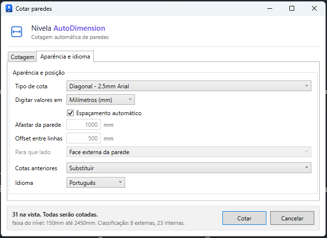 The Appearance and language tab of the panel: dimension type from the project, unit, offset and the plugin language