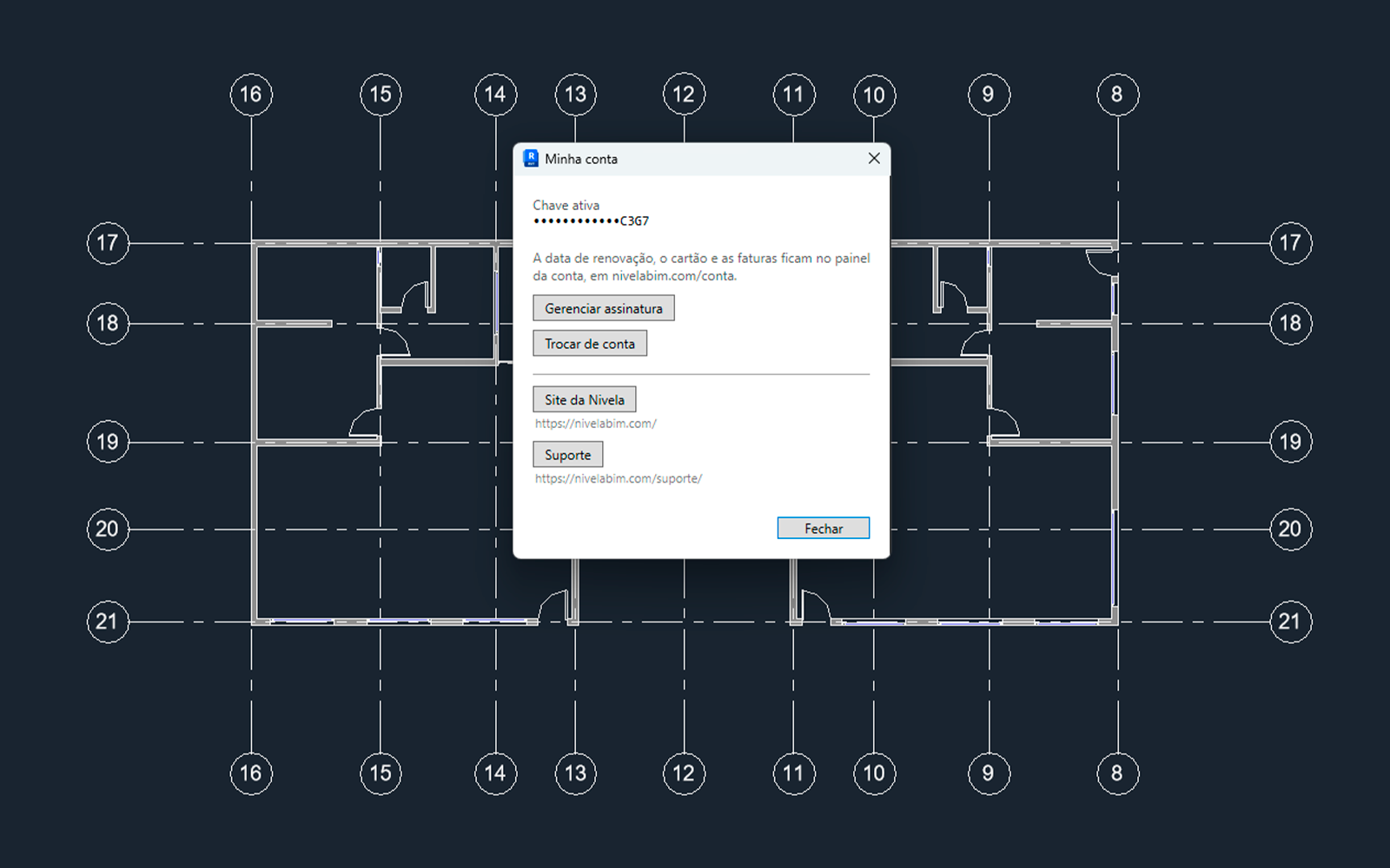 The My account window over the plan: the active key with the digits hidden, and the Manage subscription, Switch account, Nivela site and Support buttons