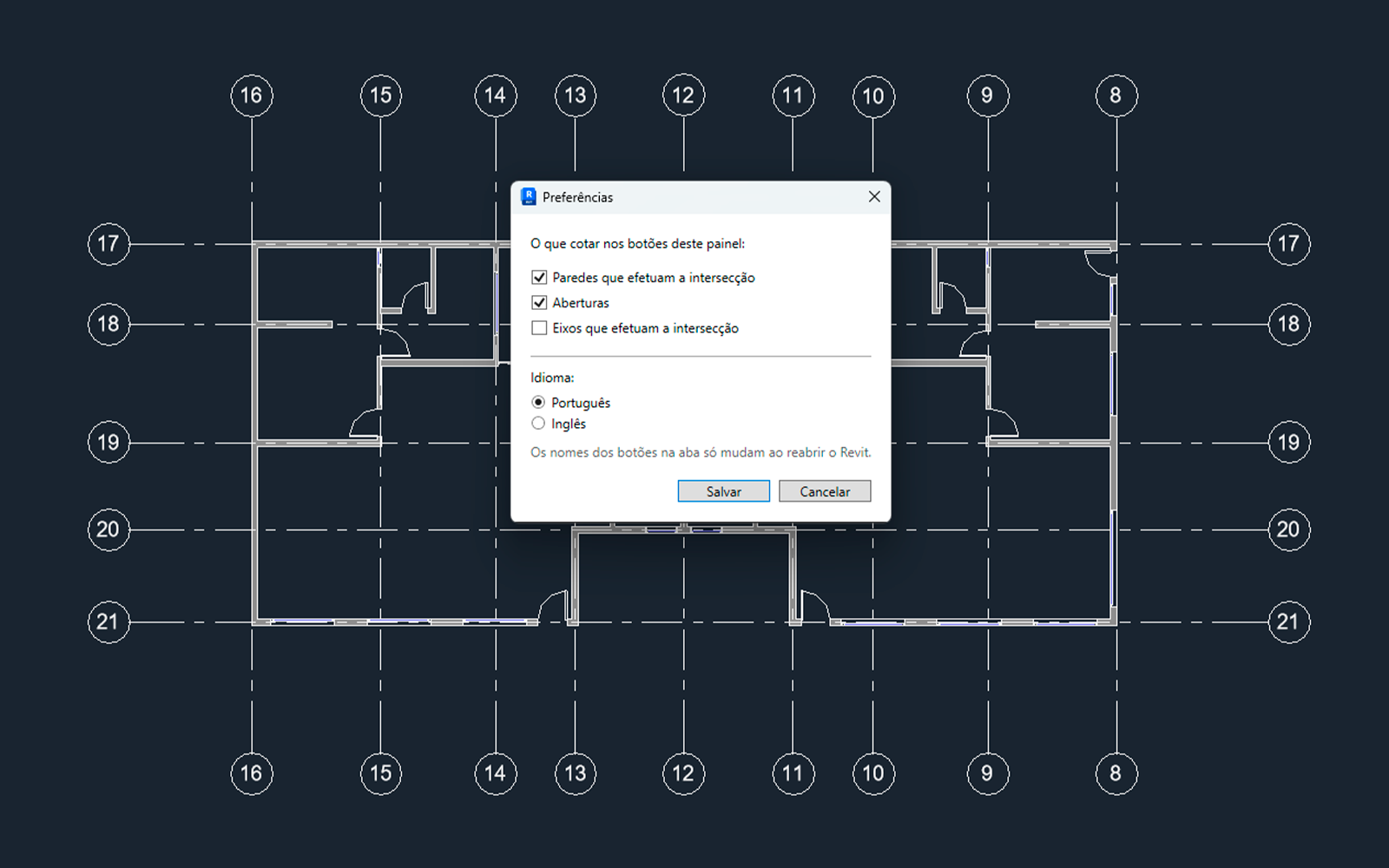 The Preferences window over the plan: checkboxes for walls that intersect, openings and grids, and the plugin language