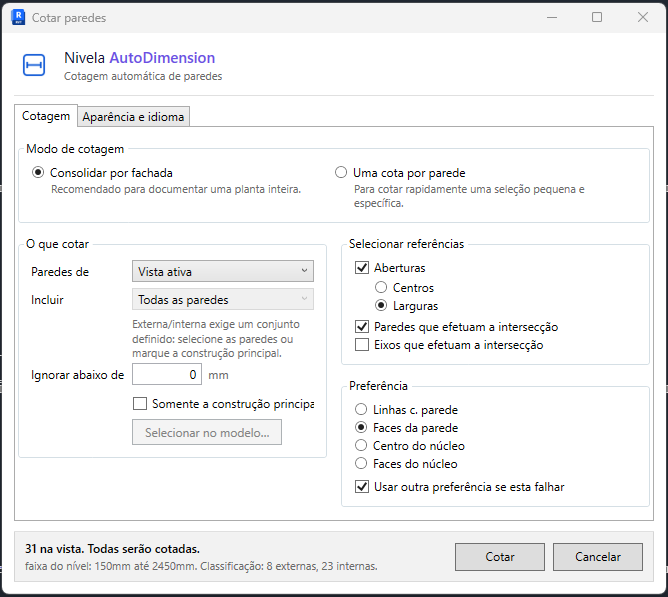 The Dimensioning tab of the panel: dimensioning mode, what to dimension, and the Select references section