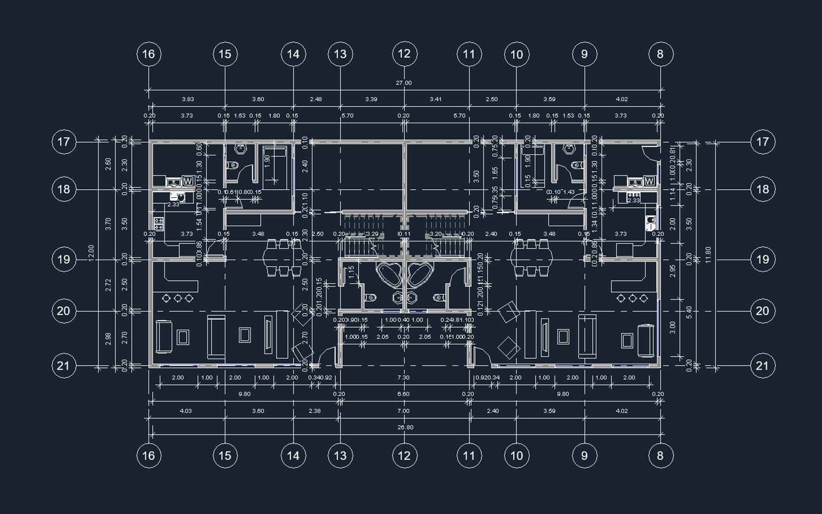 The entire floor dimensioned: a row for openings, one for walls, one for grids and the overall dimension